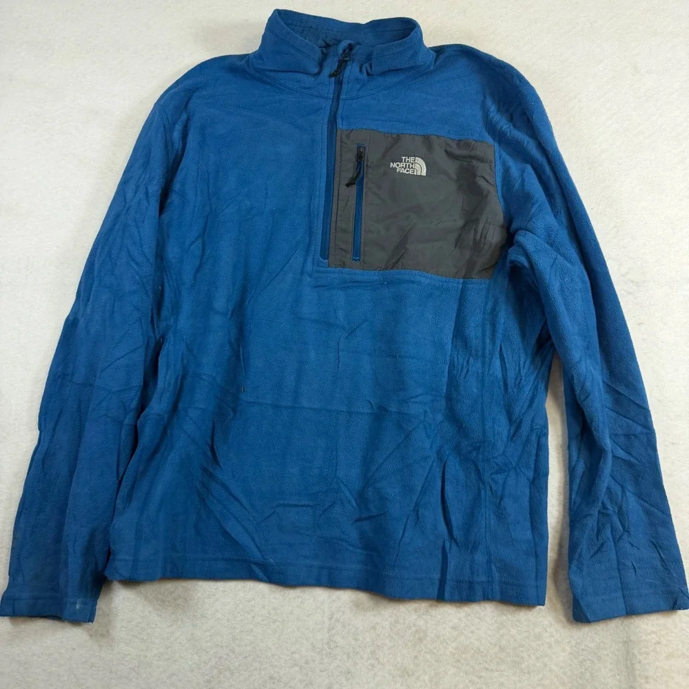 The North Face Mens XL Blue Quarter Zip Fleece Pullover Grey Chest Pocket 8132